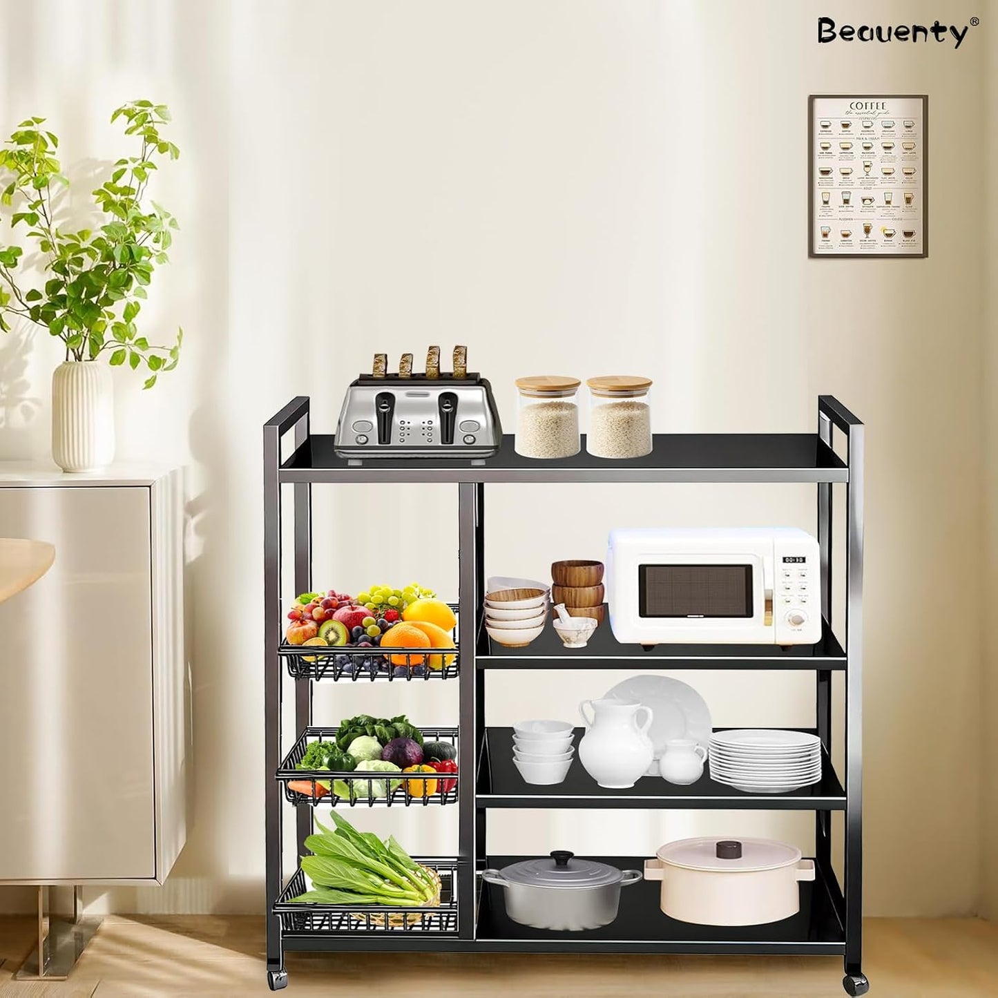 Beauenty 4-Tier Kitchen Storage Shelf Unit with Rolling Wheels – Metal Utility Cart with 3 Pull-Out Baskets for Vegetables, Fruits, Snacks & Pantry Organization
