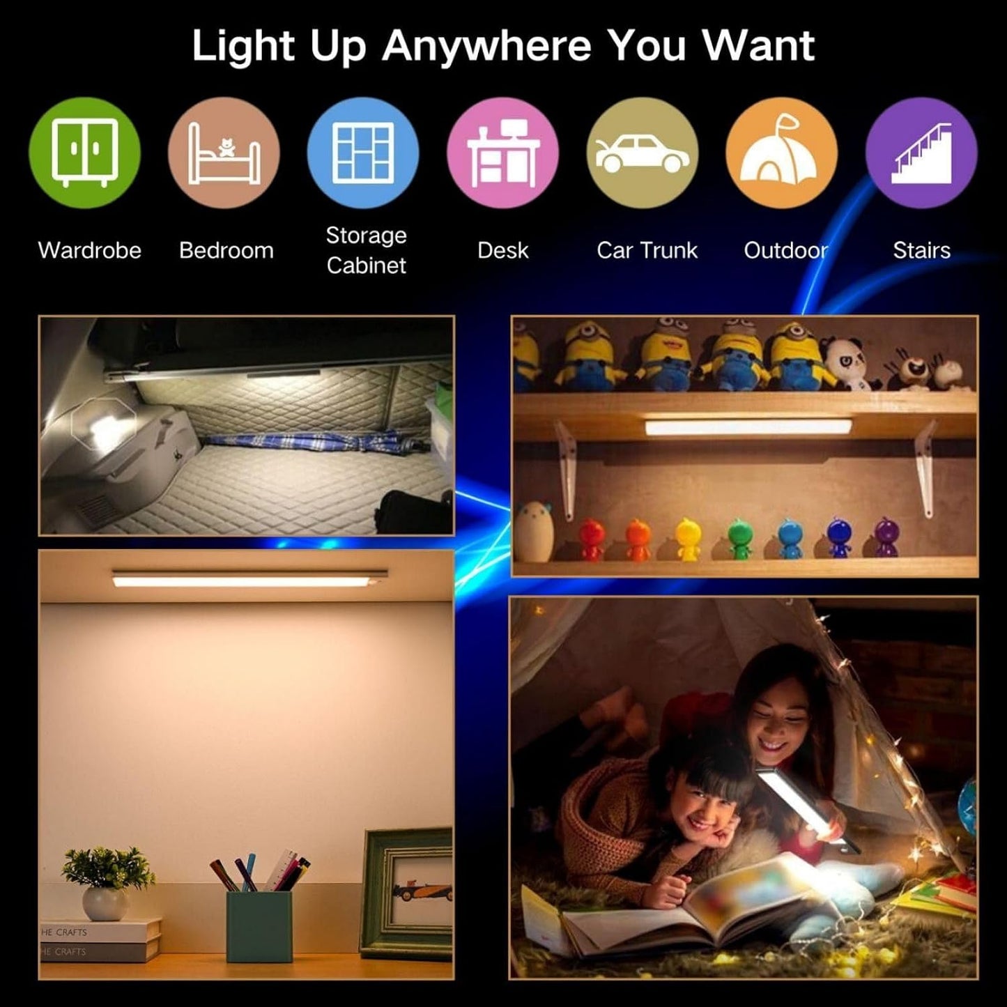 Motion Sensor Under Cabinet Lighting 40cm – Magnetic Rechargeable LED Closet Light, 3 Color Dimmable Under Counter Light for Kitchen, Wardrobe, Stairs & Cabinets