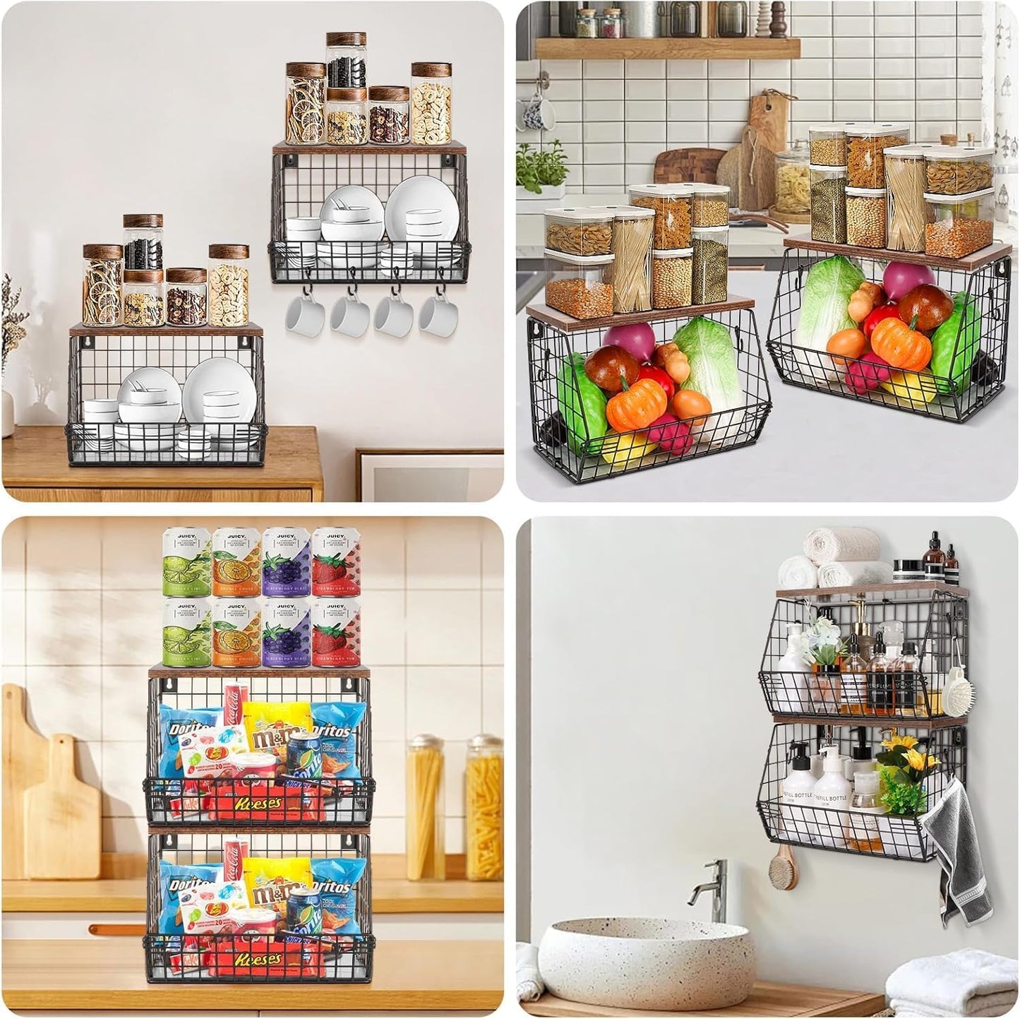 2-Piece Metal Fruit Basket for Kitchen Counter – 2-Tier Vegetable Storage Bin with Dual Banana Hangers, Wire Countertop Organizer for Fruits, Potatoes, Onions & Snacks