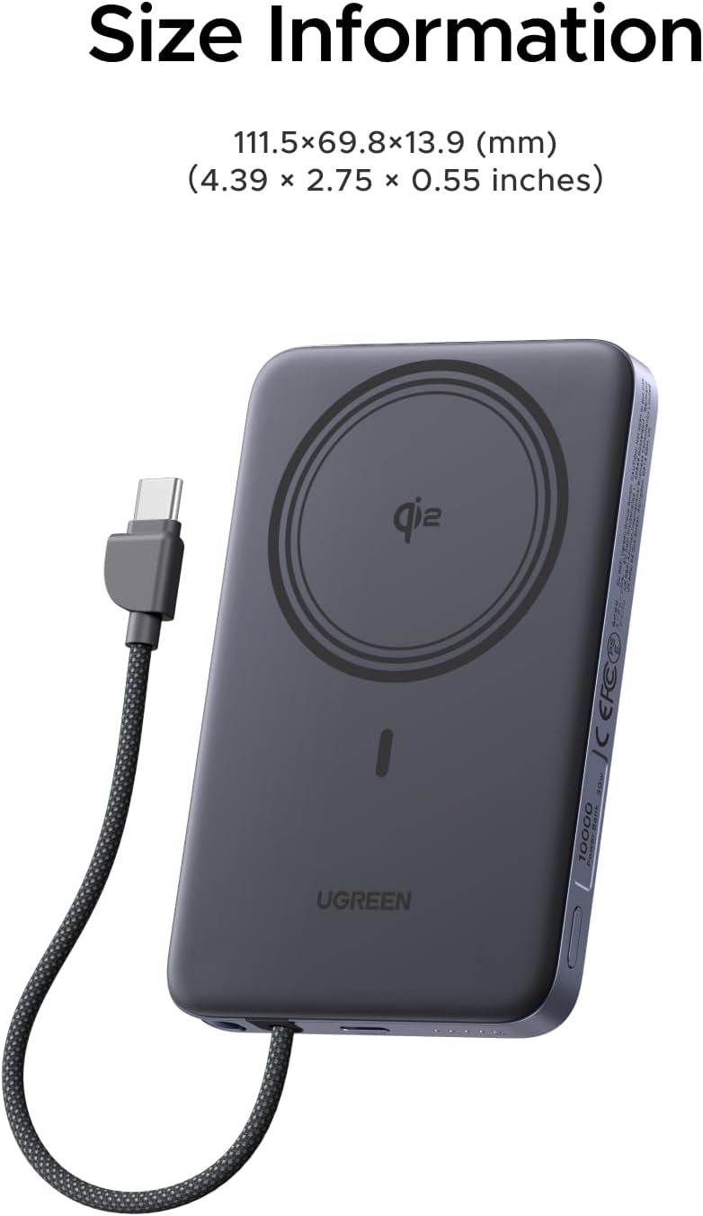 UGREEN 10000mAh MagSafe Power Bank Qi2 15W Magnetic Wireless Charger, MagFlow Air 13.9mm Ultra Slim, 30W Fast Charging, Built-in USB-C Cable, Flight Safe Battery Pack for iPhone 17/16/15 Series