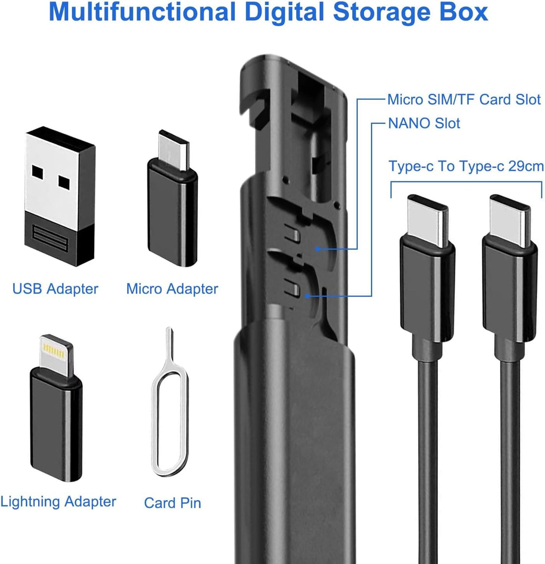 Multi USB Charging Adapter Cable Kit, USB C to Ligh-ting Adapter Box, Conversion Set USB A Type C Lightn-ing Micro Adapter Kit,60W Charging and Data Transfer Cable Kit Sim Tray Eject Tool Slots