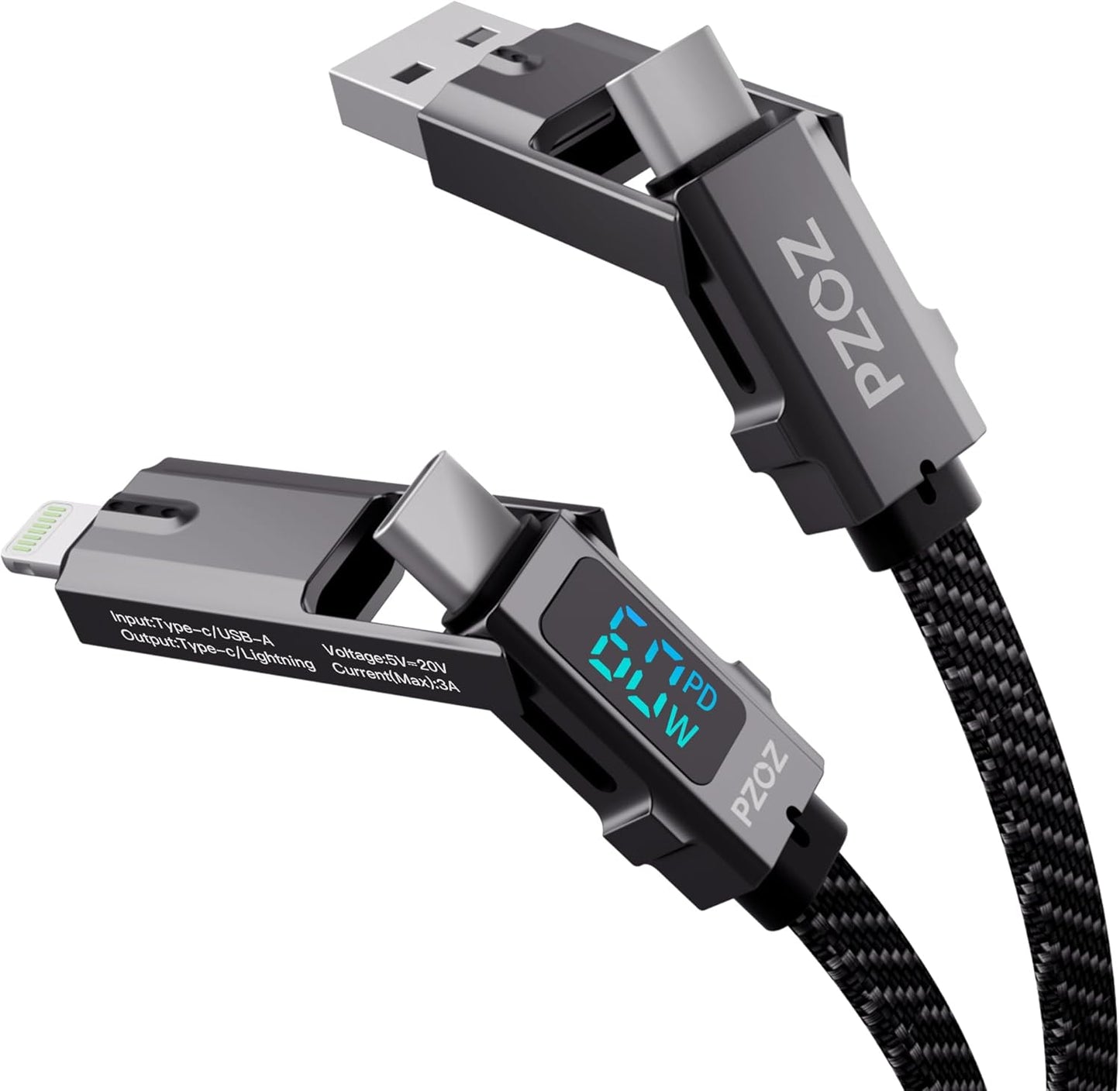 PZOZ 4 in 1 Charging Cable 1.5M, USB C & USB A to Lightning and USB C | Multi charger cable with LED display, supporting 60W PD fast charging for iPhone, Samsung, Huawei, Xiaomi and more.