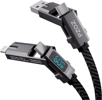 PZOZ 4 in 1 Charging Cable 1.5M, USB C & USB A to Lightning and USB C | Multi charger cable with LED display, supporting 60W PD fast charging for iPhone, Samsung, Huawei, Xiaomi and more.