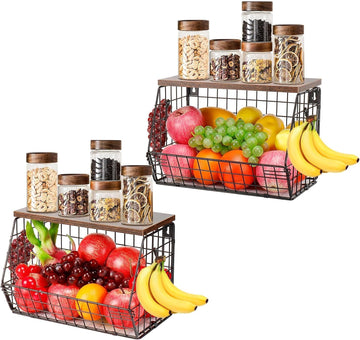 2-Piece Metal Fruit Basket for Kitchen Counter – 2-Tier Vegetable Storage Bin with Dual Banana Hangers, Wire Countertop Organizer for Fruits, Potatoes, Onions & Snacks