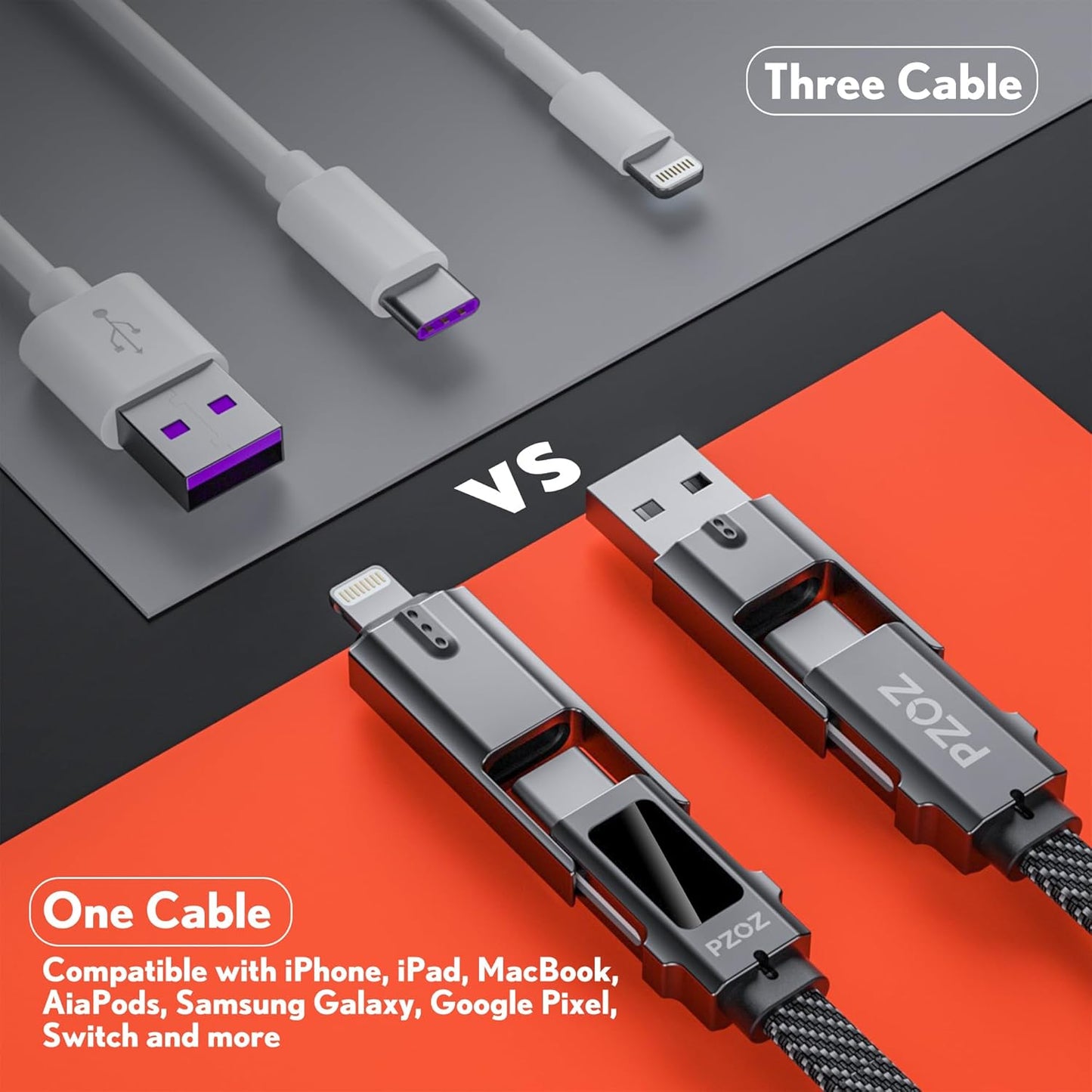 PZOZ 4 in 1 Charging Cable 1.5M, USB C & USB A to Lightning and USB C | Multi charger cable with LED display, supporting 60W PD fast charging for iPhone, Samsung, Huawei, Xiaomi and more.