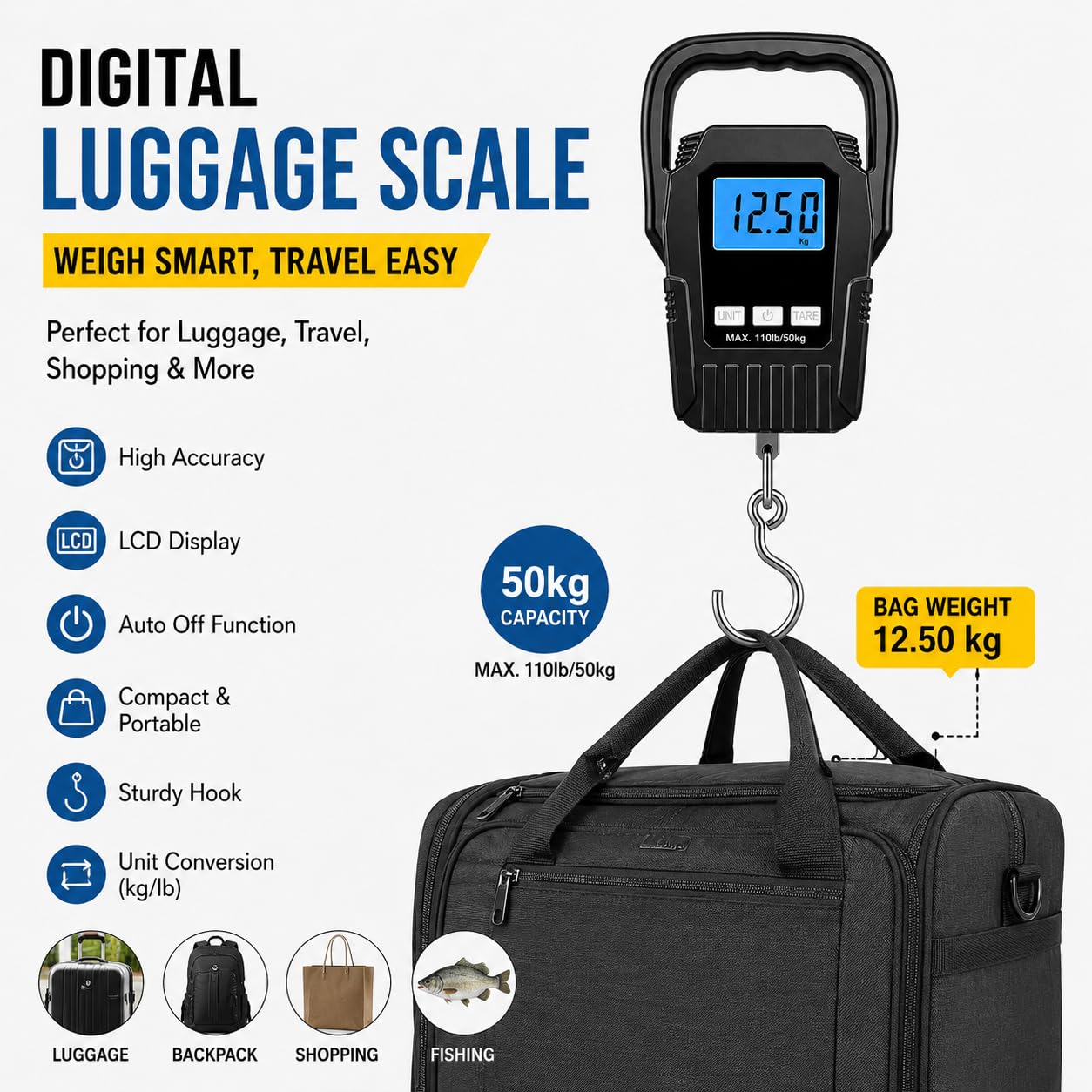 SEO Title:  Digital Fish Scale 110lb/50kg – Portable Electronic Hanging Fishing Scale with Backlit LCD Display, Large Handle, Luggage & Postal Weight Scale for Travel, Camping & Outdoor Use