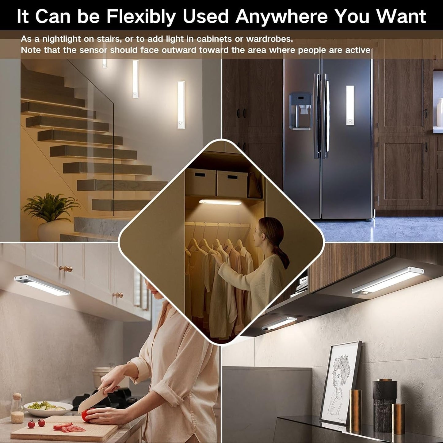 Motion Sensor Under Cabinet Lighting 40cm – Magnetic Rechargeable LED Closet Light, 3 Color Dimmable Under Counter Light for Kitchen, Wardrobe, Stairs & Cabinets