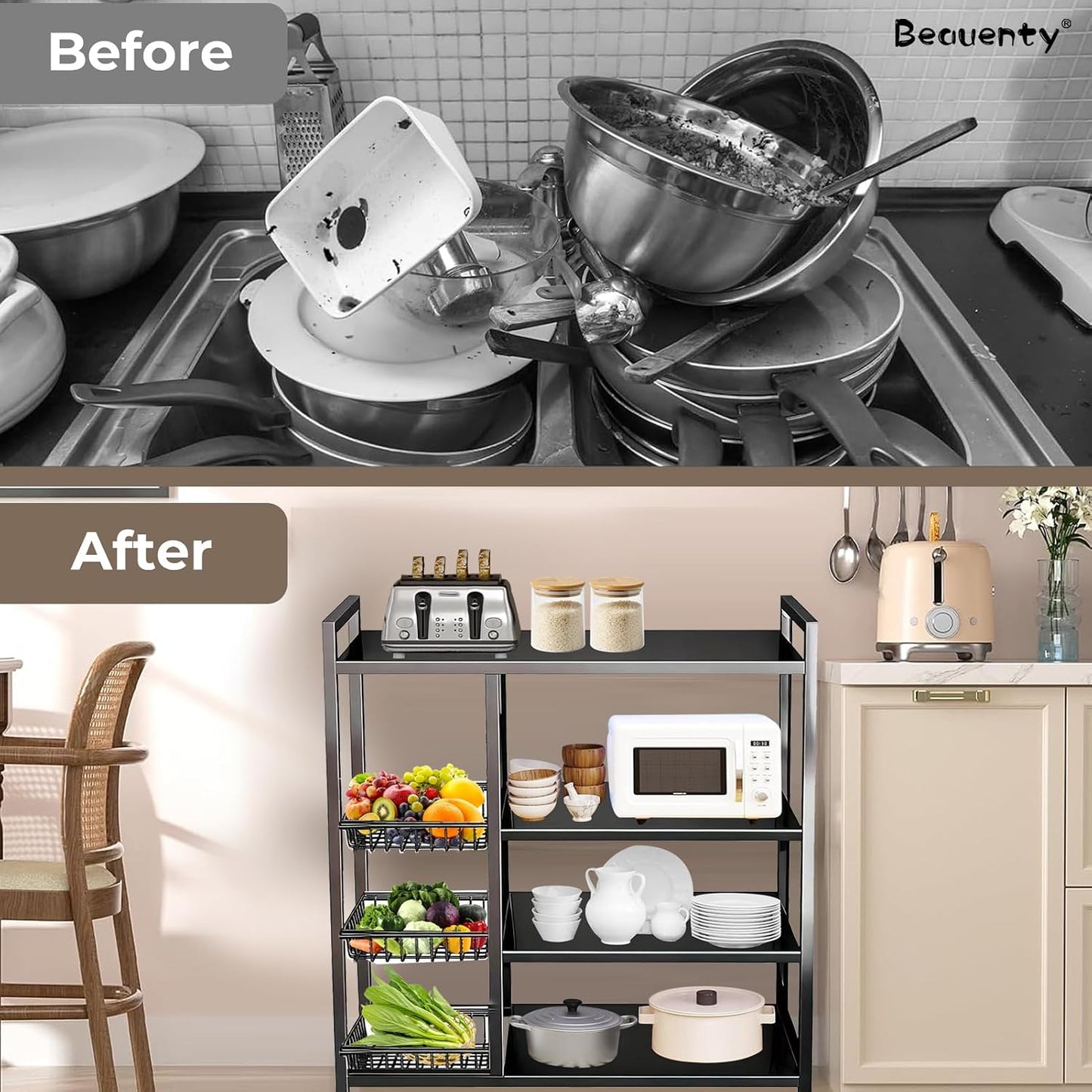 Beauenty 4-Tier Kitchen Storage Shelf Unit with Rolling Wheels – Metal Utility Cart with 3 Pull-Out Baskets for Vegetables, Fruits, Snacks & Pantry Organization