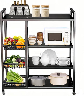 Beauenty 4-Tier Kitchen Storage Shelf Unit with Rolling Wheels – Metal Utility Cart with 3 Pull-Out Baskets for Vegetables, Fruits, Snacks & Pantry Organization