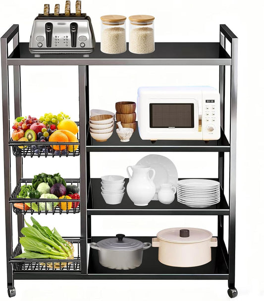 Beauenty 4-Tier Kitchen Storage Shelf Unit with Rolling Wheels – Metal Utility Cart with 3 Pull-Out Baskets for Vegetables, Fruits, Snacks & Pantry Organization