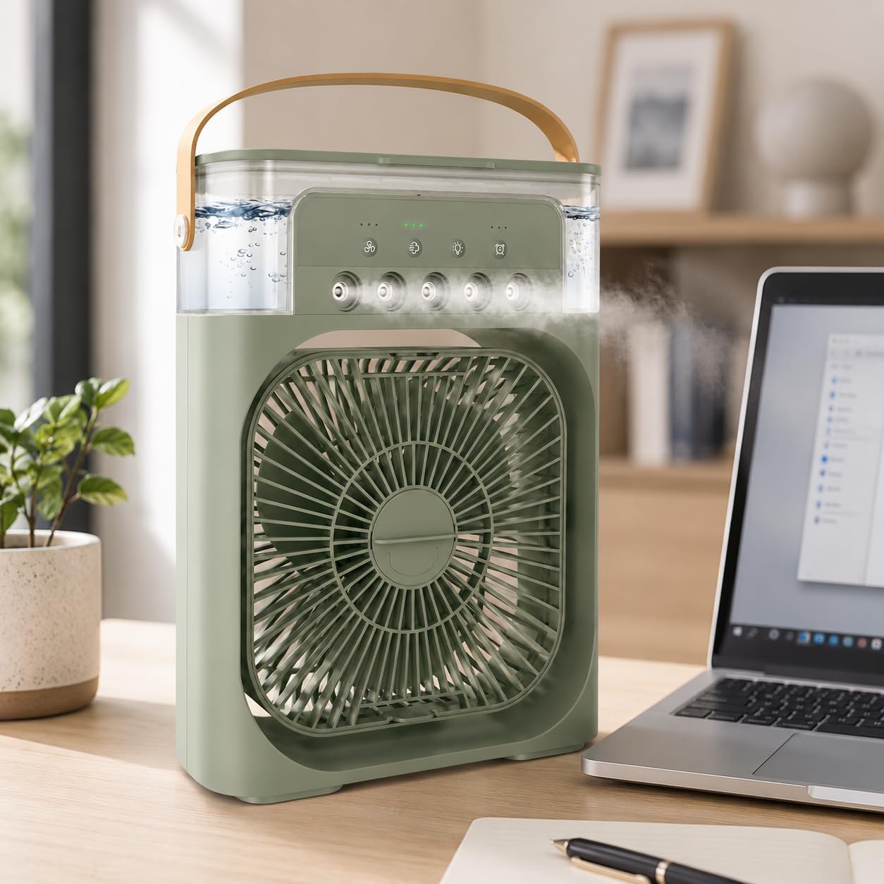 SEO Title:  OVA Portable Air Cooler Fan with Humidifier – Rechargeable Personal Mini Mist Fan, 3-Speed USB Desk Cooling Fan with LED Light for Home, Office, Bedroom & Shop