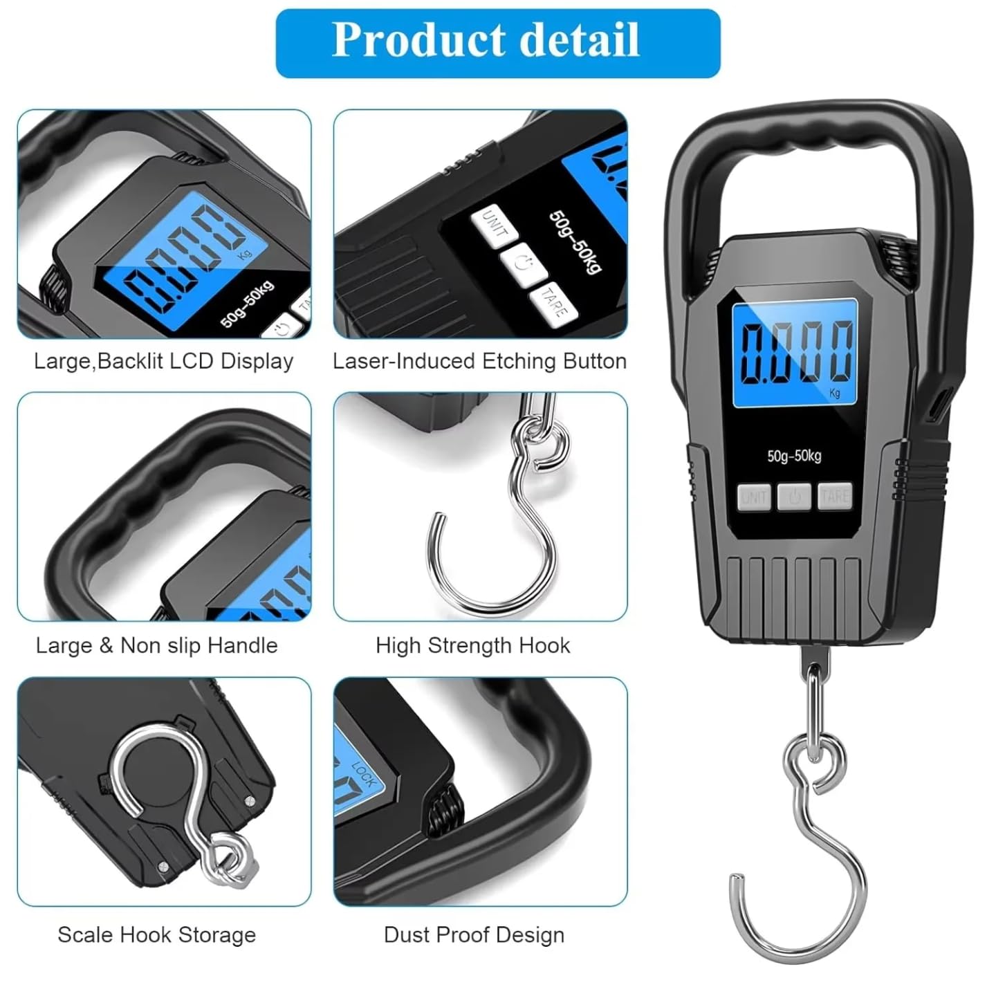 SEO Title:  Digital Fish Scale 110lb/50kg – Portable Electronic Hanging Fishing Scale with Backlit LCD Display, Large Handle, Luggage & Postal Weight Scale for Travel, Camping & Outdoor Use
