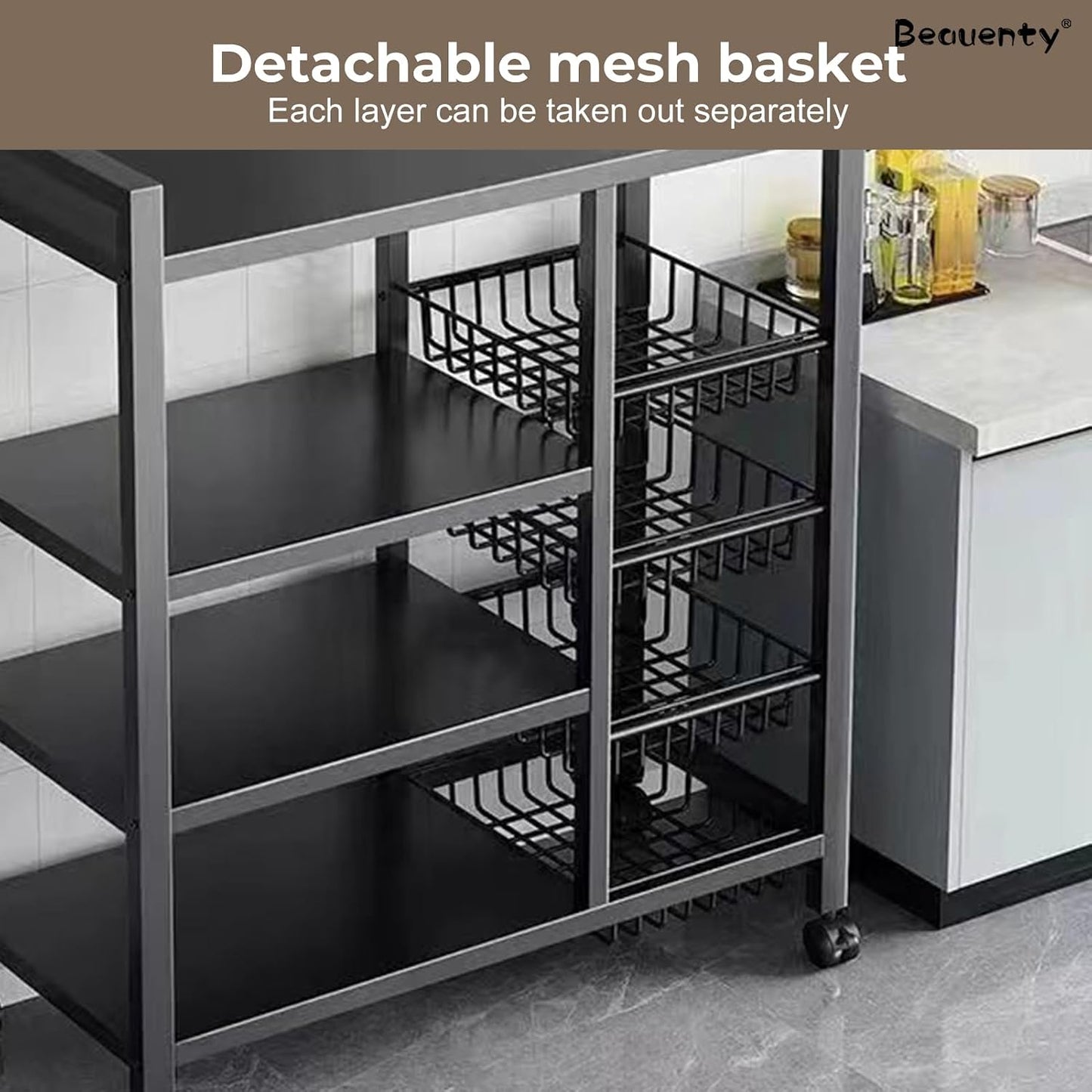 Beauenty 4-Tier Kitchen Storage Shelf Unit with Rolling Wheels – Metal Utility Cart with 3 Pull-Out Baskets for Vegetables, Fruits, Snacks & Pantry Organization