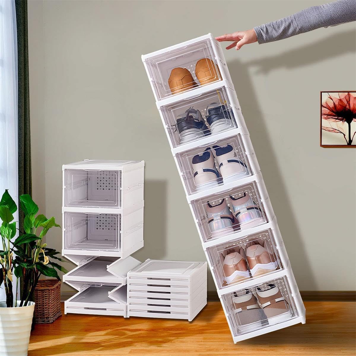 Arabest 6-Tier Foldable Shoe Storage Cabinet – Installation-Free Transparent Shoe Box Organizer, Dust-Proof Plastic Shoe Rack with Large Capacity Drawer Storage for Home & Closet
