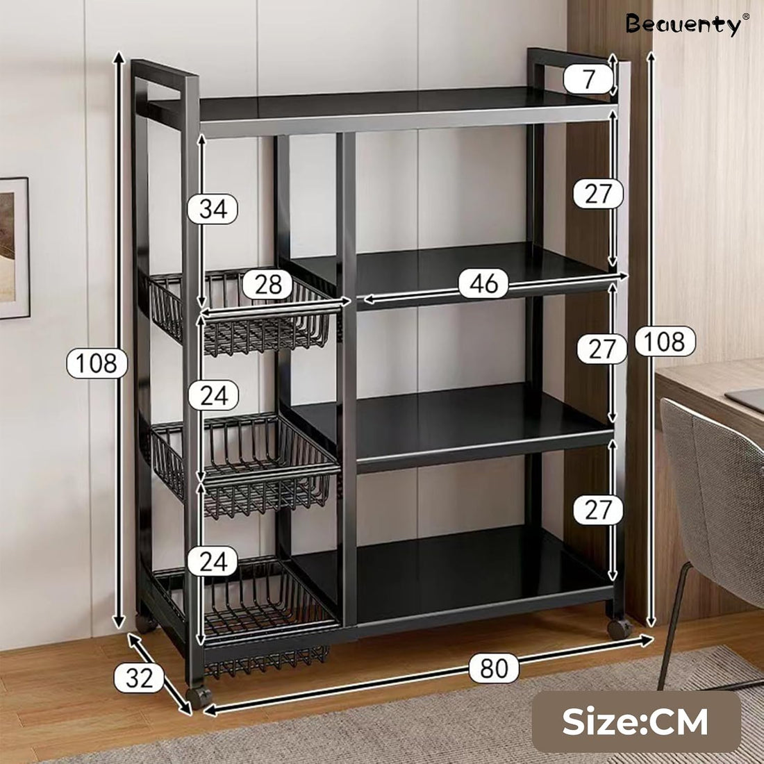 Beauenty 4-Tier Kitchen Storage Shelf Unit with Rolling Wheels – Metal Utility Cart with 3 Pull-Out Baskets for Vegetables, Fruits, Snacks & Pantry Organization