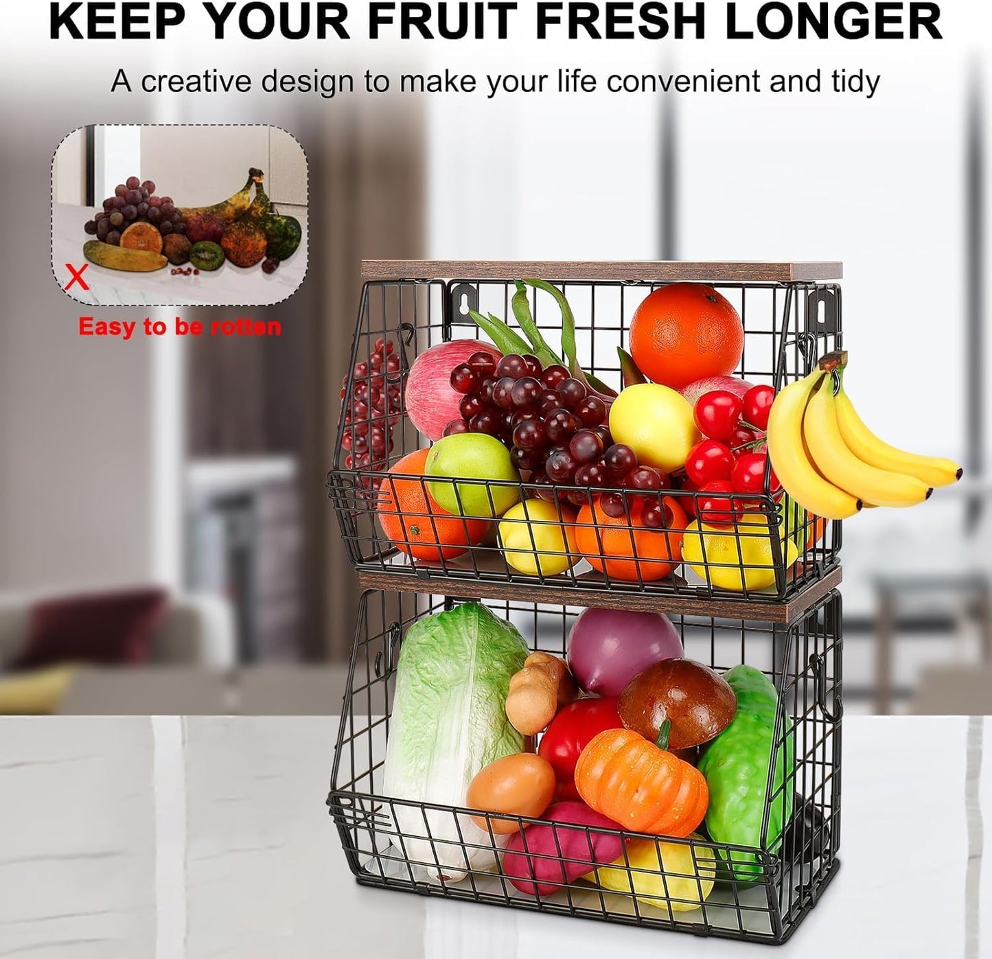 2-Piece Metal Fruit Basket for Kitchen Counter – 2-Tier Vegetable Storage Bin with Dual Banana Hangers, Wire Countertop Organizer for Fruits, Potatoes, Onions & Snacks