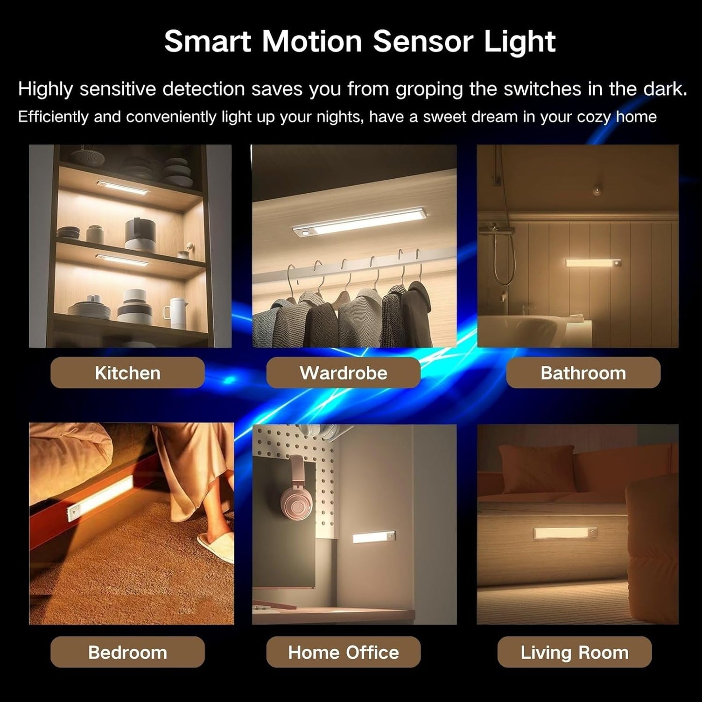 Motion Sensor Under Cabinet Lighting 40cm – Magnetic Rechargeable LED Closet Light, 3 Color Dimmable Under Counter Light for Kitchen, Wardrobe, Stairs & Cabinets