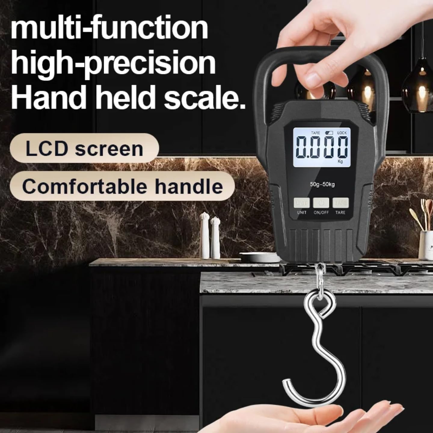 SEO Title:  Digital Fish Scale 110lb/50kg – Portable Electronic Hanging Fishing Scale with Backlit LCD Display, Large Handle, Luggage & Postal Weight Scale for Travel, Camping & Outdoor Use