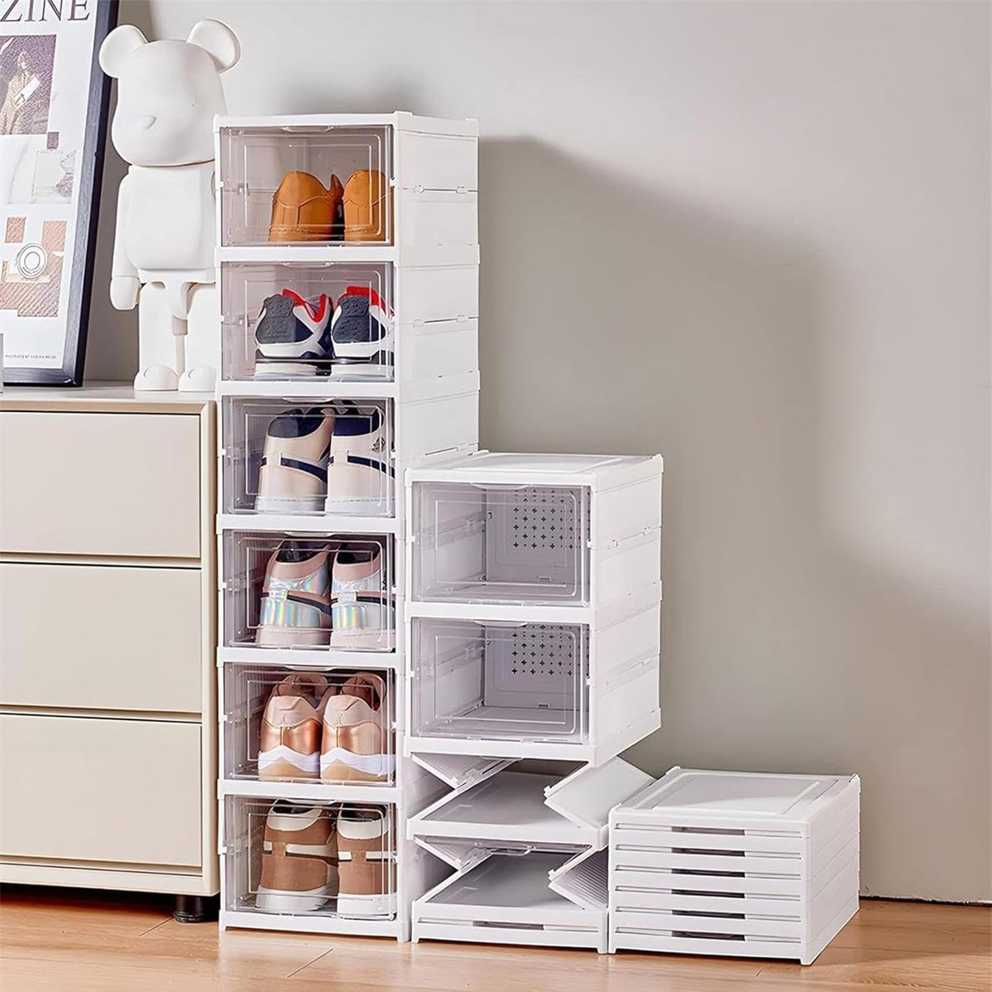 Arabest 6-Tier Foldable Shoe Storage Cabinet – Installation-Free Transparent Shoe Box Organizer, Dust-Proof Plastic Shoe Rack with Large Capacity Drawer Storage for Home & Closet