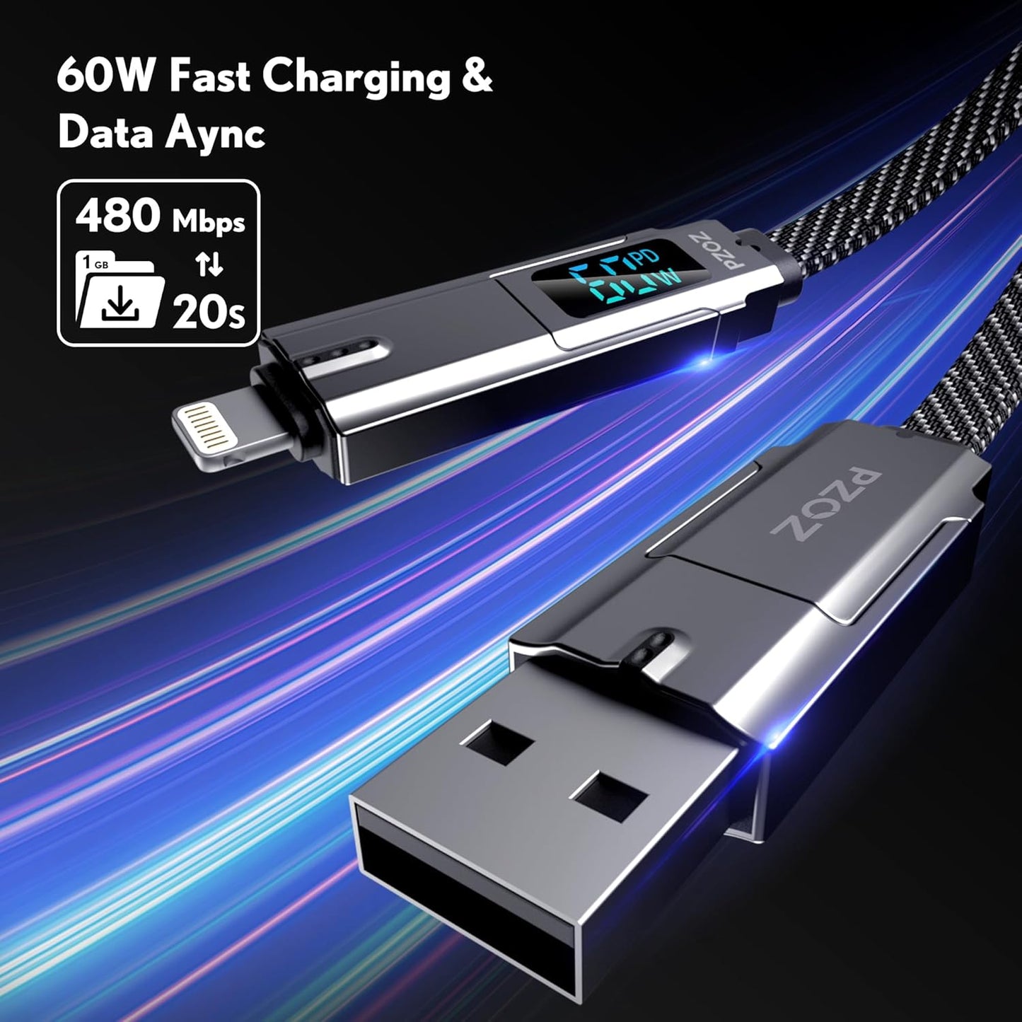 PZOZ 4 in 1 Charging Cable 1.5M, USB C & USB A to Lightning and USB C | Multi charger cable with LED display, supporting 60W PD fast charging for iPhone, Samsung, Huawei, Xiaomi and more.