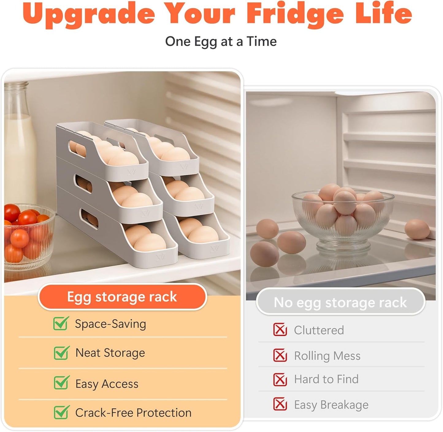 Li&Zhao Rolling Egg Dispenser for Refrigerator – Automatic Egg Holder & Space-Saving Egg Tray Organizer for Fridge, Countertop & Kitchen Storage (Gray)