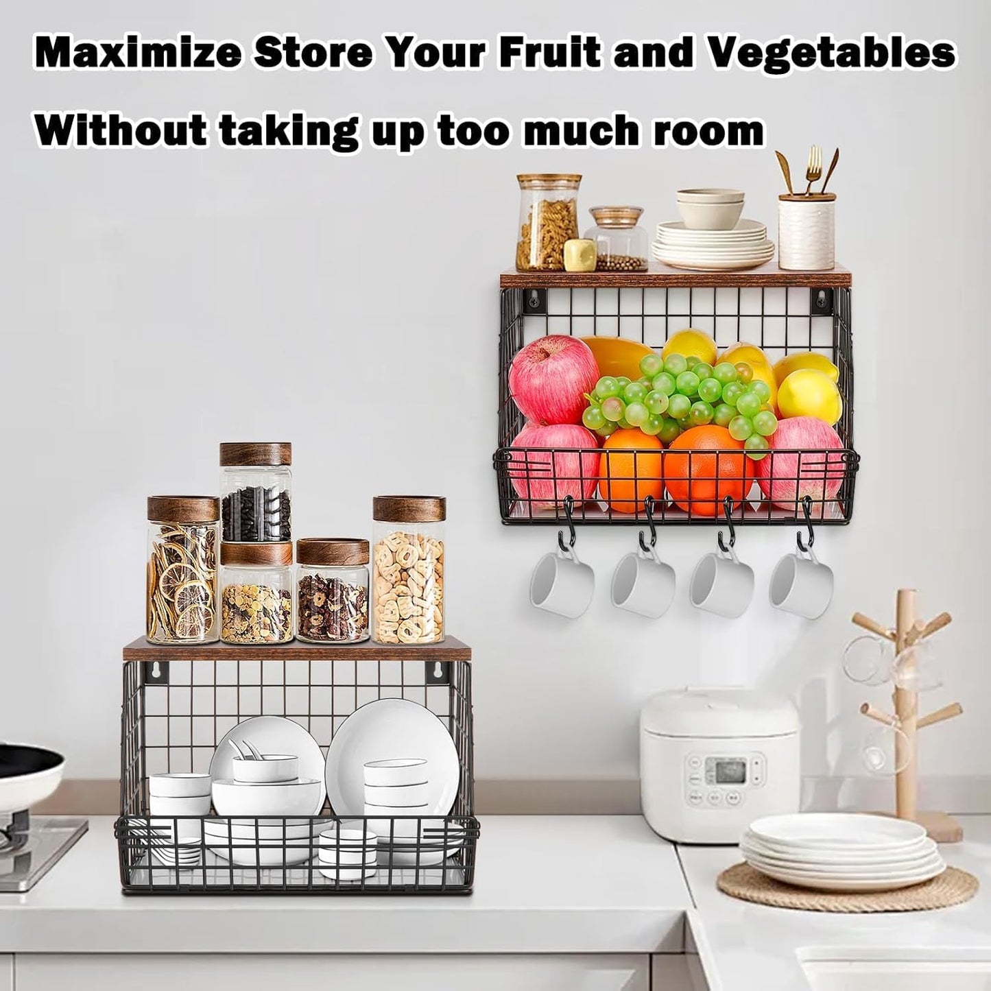 2-Piece Metal Fruit Basket for Kitchen Counter – 2-Tier Vegetable Storage Bin with Dual Banana Hangers, Wire Countertop Organizer for Fruits, Potatoes, Onions & Snacks