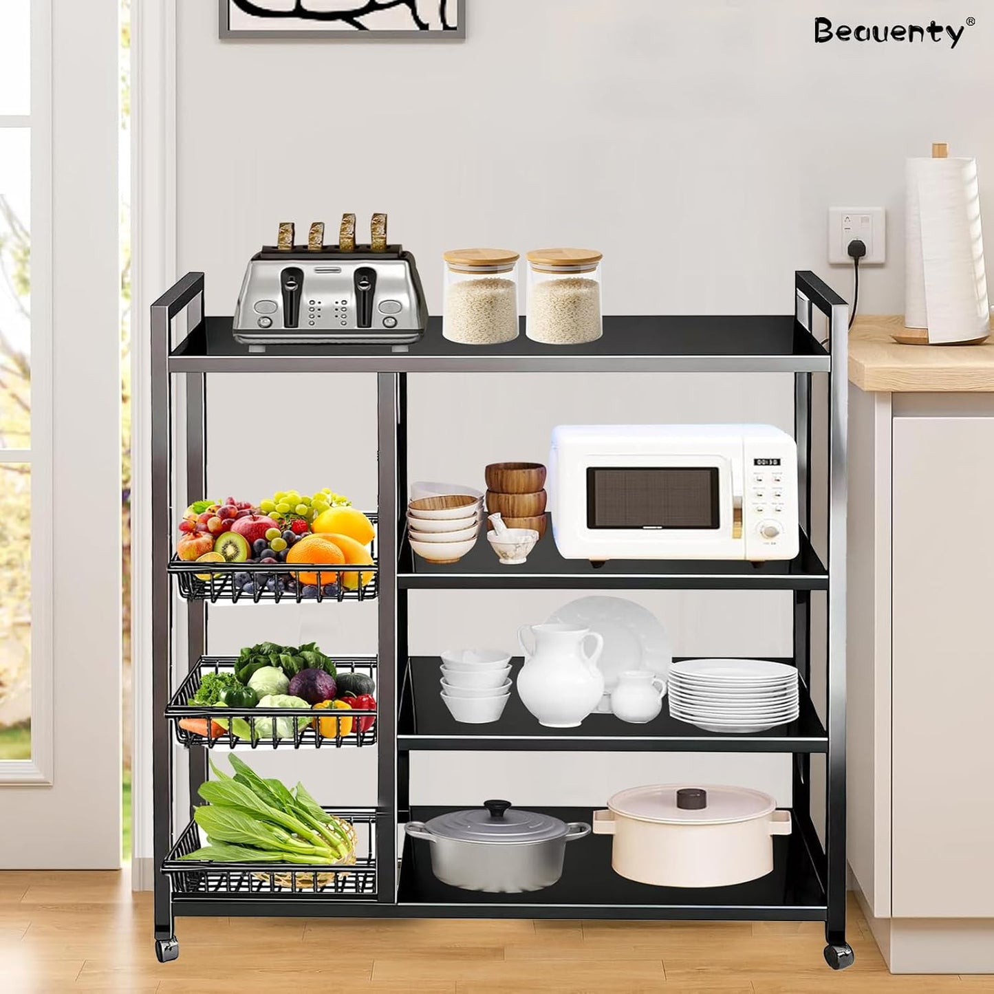 Beauenty 4-Tier Kitchen Storage Shelf Unit with Rolling Wheels – Metal Utility Cart with 3 Pull-Out Baskets for Vegetables, Fruits, Snacks & Pantry Organization