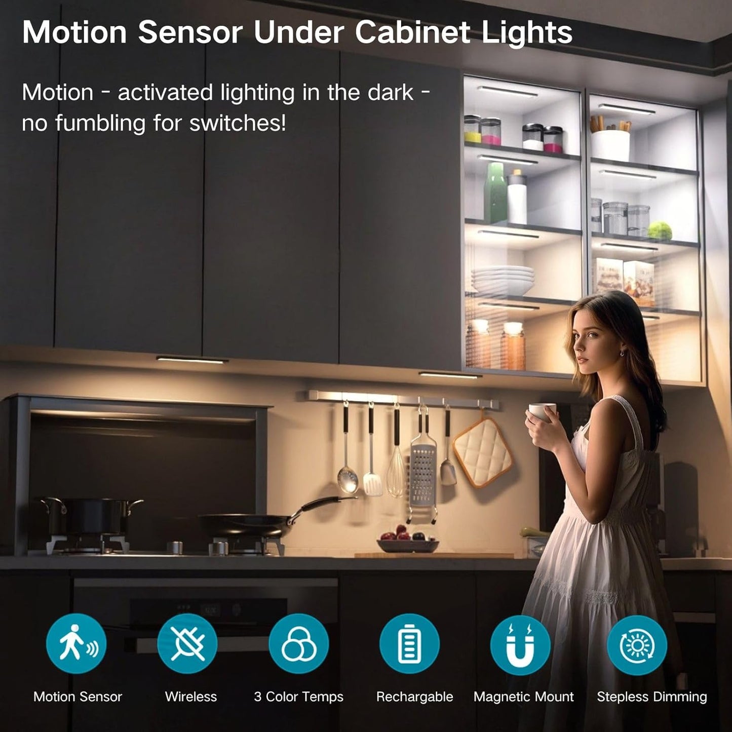 Motion Sensor Under Cabinet Lighting 40cm – Magnetic Rechargeable LED Closet Light, 3 Color Dimmable Under Counter Light for Kitchen, Wardrobe, Stairs & Cabinets