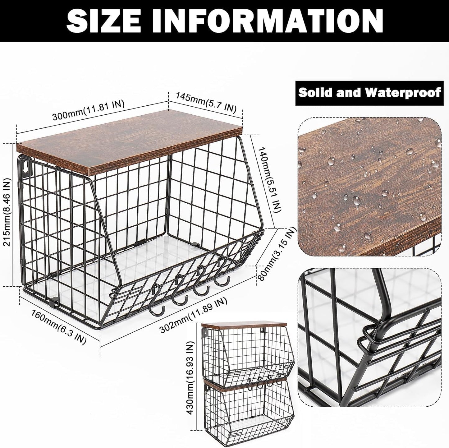 2-Piece Metal Fruit Basket for Kitchen Counter – 2-Tier Vegetable Storage Bin with Dual Banana Hangers, Wire Countertop Organizer for Fruits, Potatoes, Onions & Snacks
