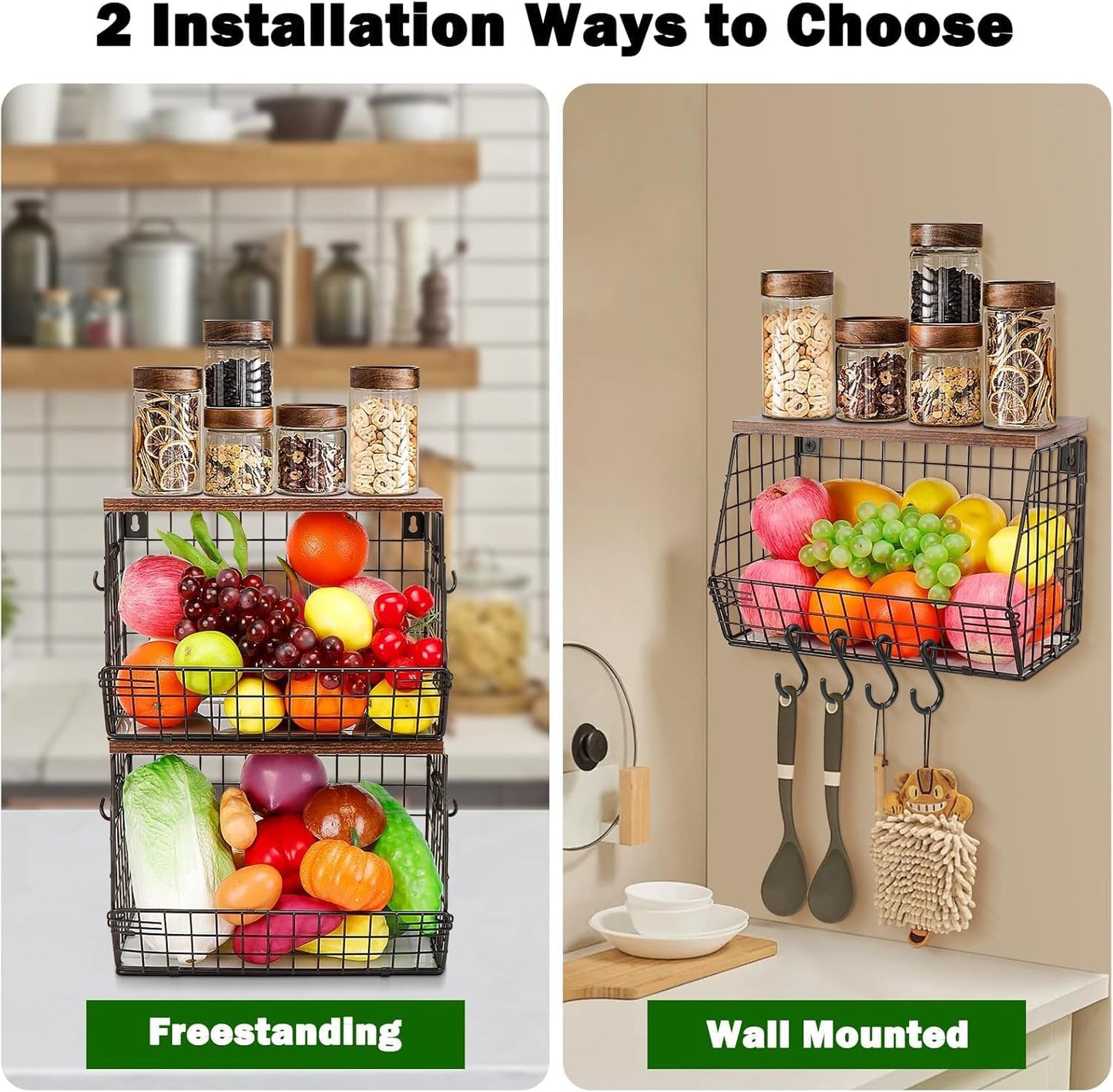 2-Piece Metal Fruit Basket for Kitchen Counter – 2-Tier Vegetable Storage Bin with Dual Banana Hangers, Wire Countertop Organizer for Fruits, Potatoes, Onions & Snacks
