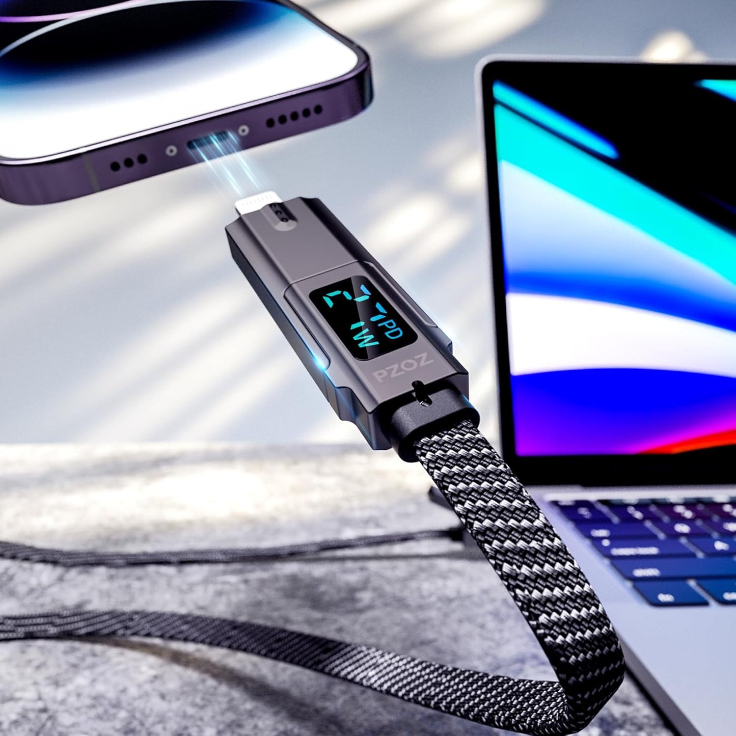 PZOZ 4 in 1 Charging Cable 1.5M, USB C & USB A to Lightning and USB C | Multi charger cable with LED display, supporting 60W PD fast charging for iPhone, Samsung, Huawei, Xiaomi and more.