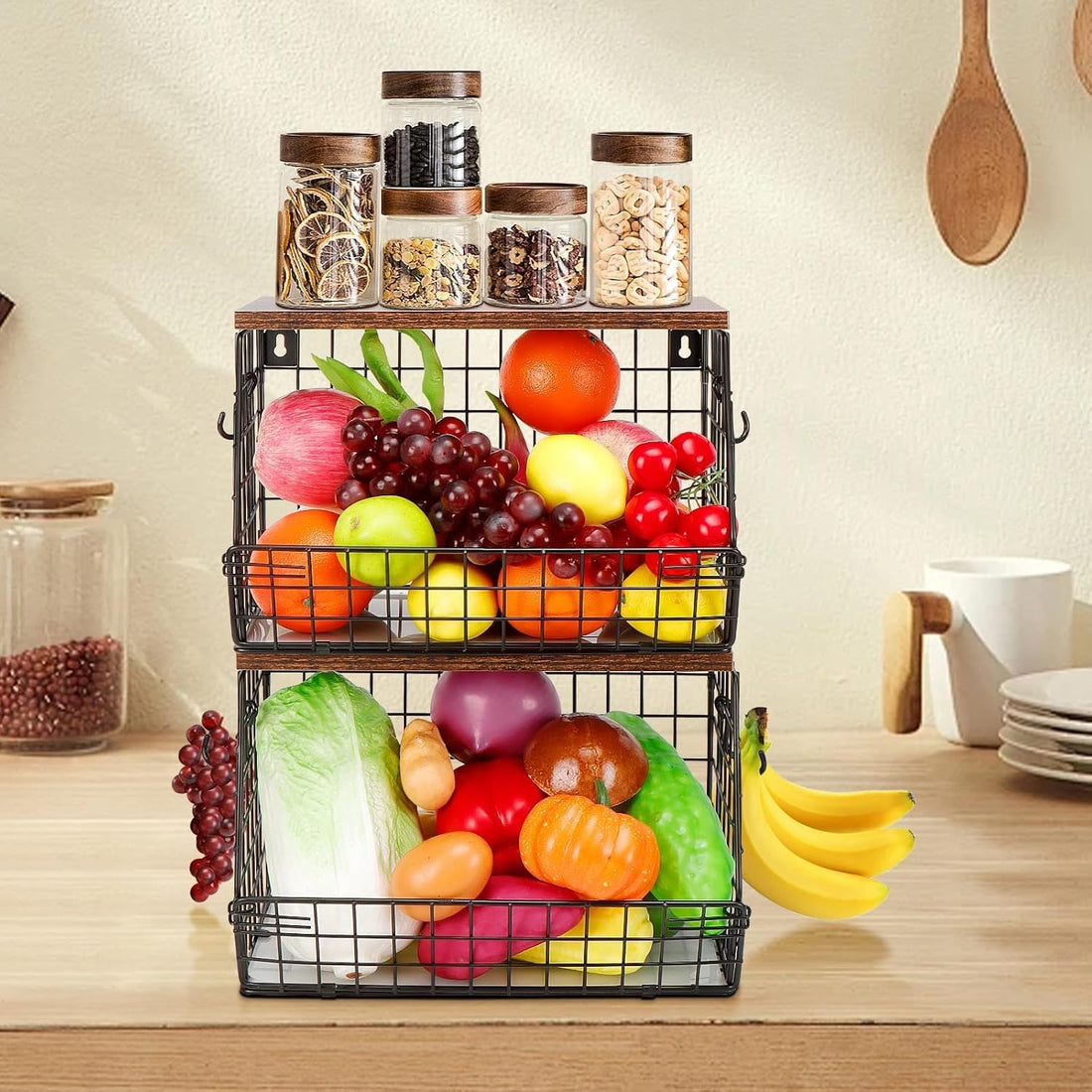 2-Piece Metal Fruit Basket for Kitchen Counter – 2-Tier Vegetable Storage Bin with Dual Banana Hangers, Wire Countertop Organizer for Fruits, Potatoes, Onions & Snacks