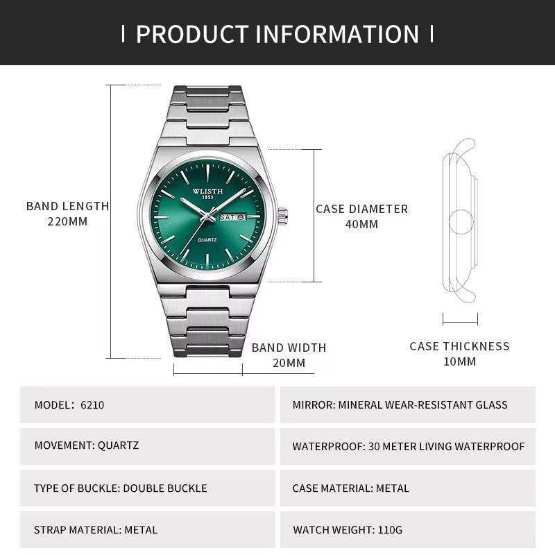 Luxury Men's Quartz Watch – Waterproof Stainless Steel Wrist Watch with Luminous Hands, Date & Week Display | Fashion Casual Business Watch for Men